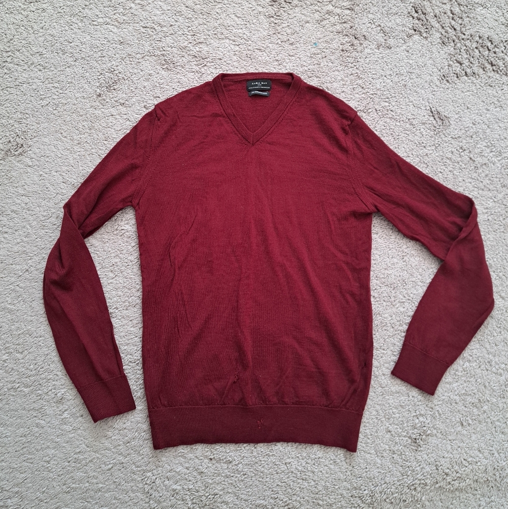 Zara Men's Oxblood V-Neck Wool Sweater Sz M (fits S)